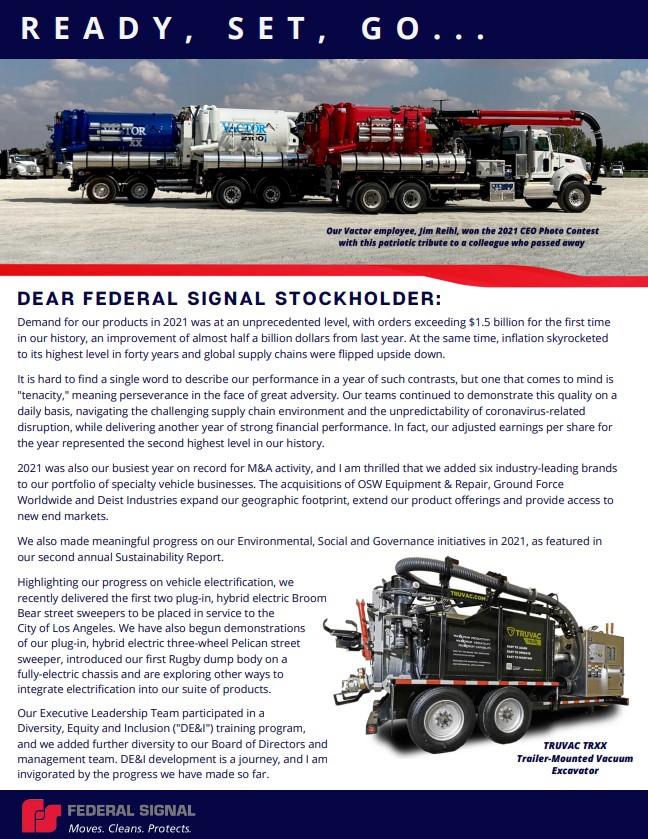 2022 Federal Signal Letter to Stockholders